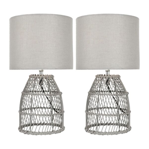 Set of 2 Bamboo - Grey Wash Bamboo 36cm Table Lamps With Grey Fabric Shades