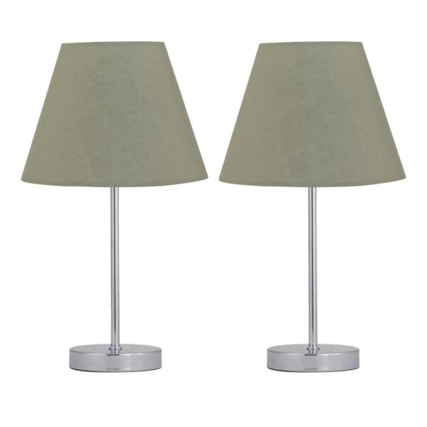 Set of 2 Chrome Touch Operated Table Lamps with Sage Green Shades