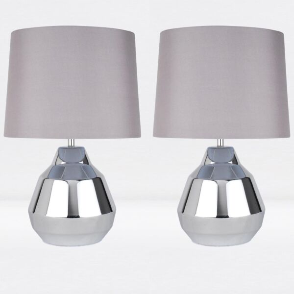 Pair of Polished Chrome 39cm Touch Lamps with Grey Shades