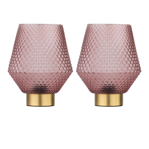 Set of 2 Porter - Battery Operated Satin Brass Lamps Pink Tex Glass