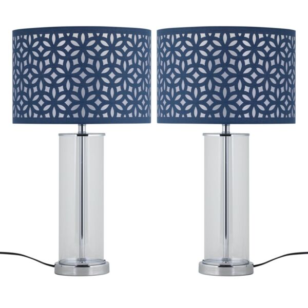 Set of 2 Aura - Chrome Table Lamps with Navy Blue Cut Out Shades