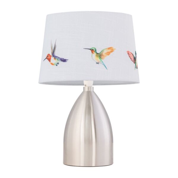 Valentina - Brushed Chrome Touch Lamp with Bird Print Shade