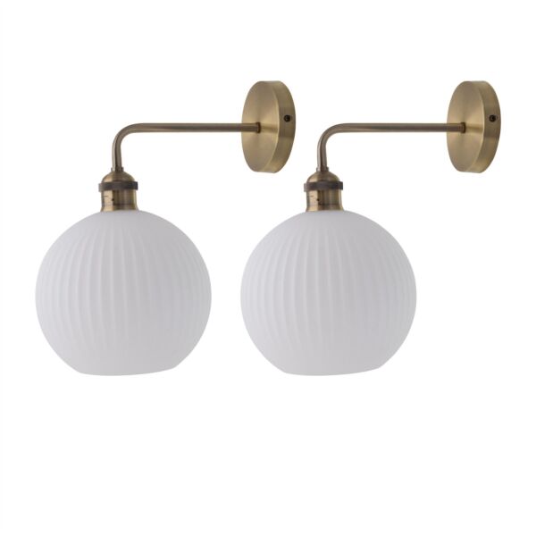 Set of 2 Isaac - Antique Brass Wall Lights with White Ribbed Shades