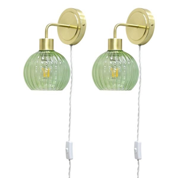 Set of 2 Toby - Satin Brass Plug in Wall Lights Green Ribbed Shades