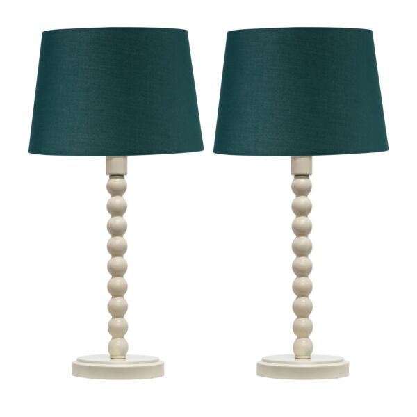 Set of 2 Bobbin - Ivory Lamps with Dark Green Cotton Shades