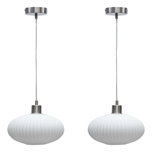 Set of 2 Baton - White Ribbed Oval Glass with Satin Nickel Pendant Fittings