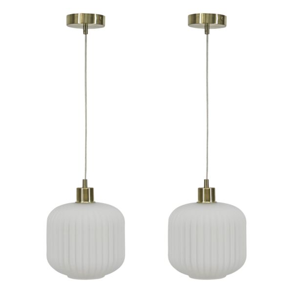 Set of 2 Bento - White Ribbed Glass with Satin Brass Pendant Fittings