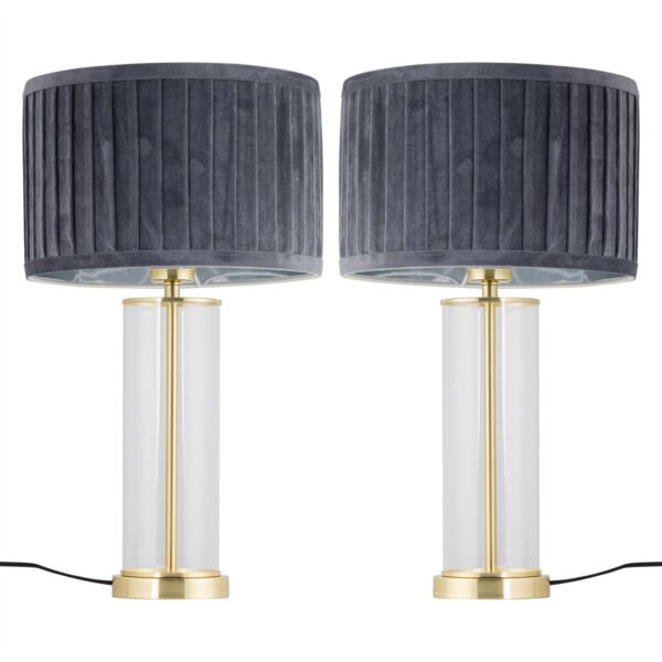 Set of 2 Aura - Satin Brass Lamps with Grey Pleated Velvet Shades