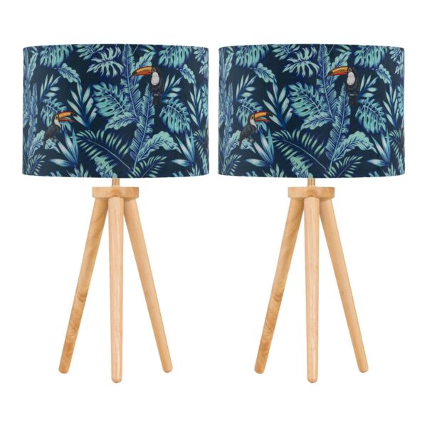Set of 2 Light Oak Table Lamp Bedside Lights with Toucan Velvet Shades