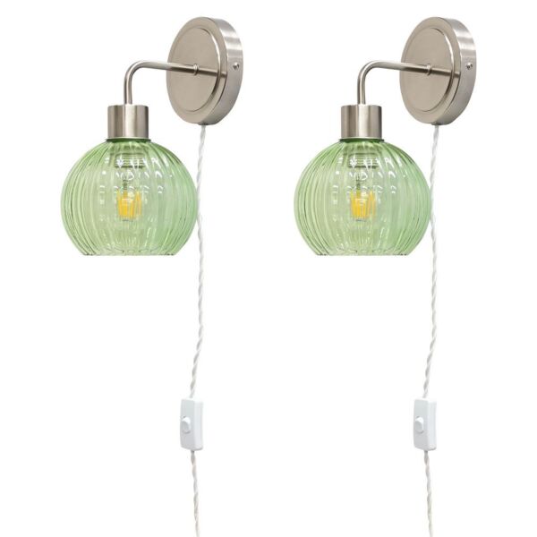 Set of 2 Toby - Satin Nickel Plug in Wall Lights Green Shades