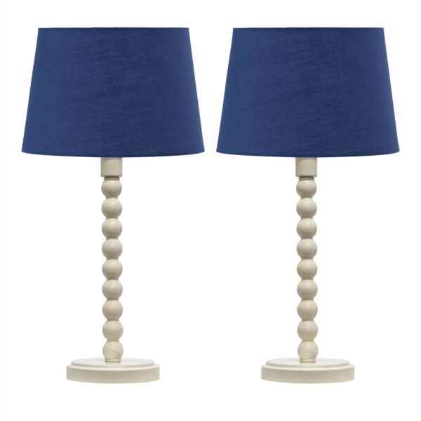 Set of 2 Bobbin - Ivory Lamps with Navy Blue Cotton Shades