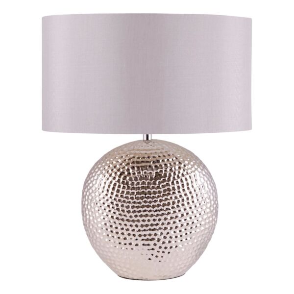 Dimpled Textured Oval Chrome Plated Ceramic Bedside Table Light Base with Grey Faux Silk Oval Fabric Shade