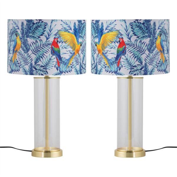 Set of 2 Aura - Satin Brass Lamps with Parrot Velvet Shades