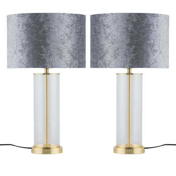 Set of 2 Aura - Satin Brass Lamps with Grey Crushed Velvet Shades