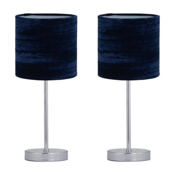 Set of 2 Chrome Touch Operated Table Lamp with Navy Blue Crushed Velvet Shades