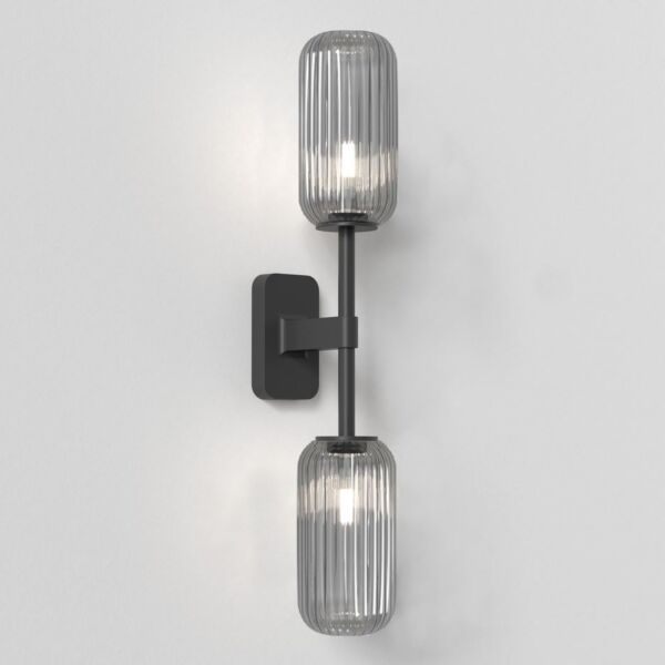 Astro Lighting - Tacoma Twin 1429005 & 5036010 - IP44 Matt Black Wall Light with Smoked Ribbed Reed Glass Shades