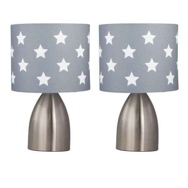 Set of 2 Valentina - Brushed Chrome Touch Lamps with Dark Grey & White Stars Shades