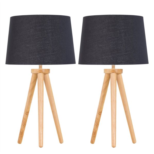 Set of 2 Light Oak Table Lamp or Bedside Lights with Black Gold Shades