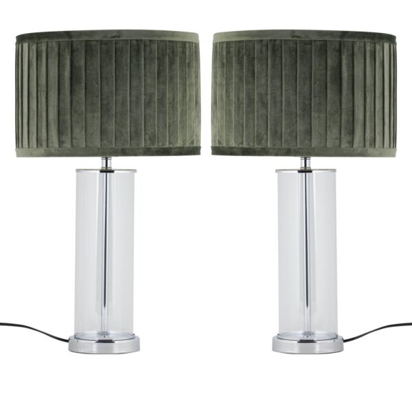 Set of 2 Aura - Chrome Table Lamps with Green Pleated Velvet Shades