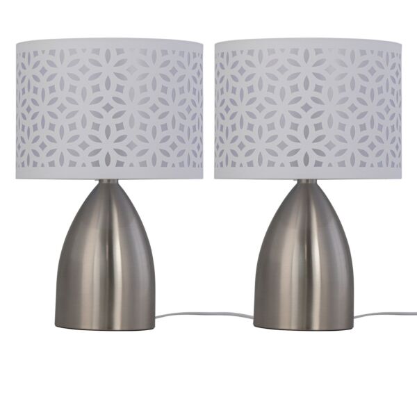 Set of 2 Valentina - Brushed Chrome Touch Lamps with White Cut Out Shades