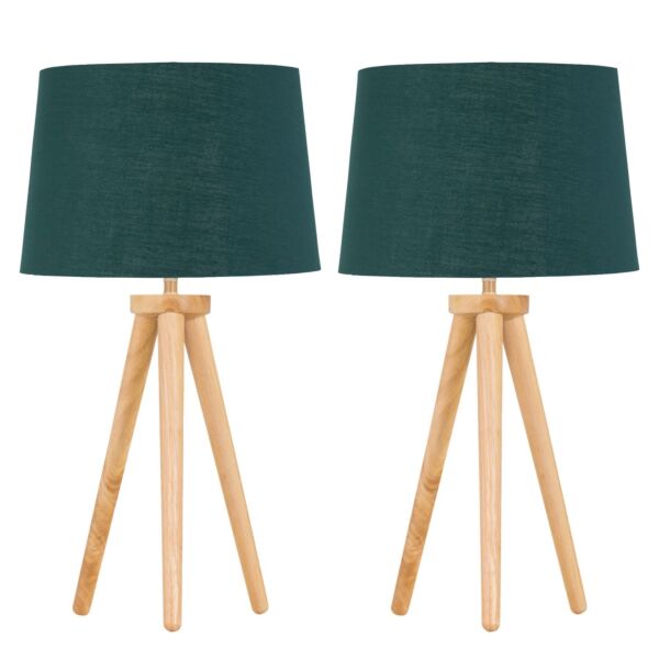 Set of 2 Light Oak Table Lamp or Bedside Lights with Green Gold Shades