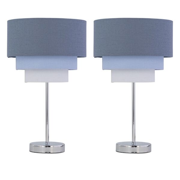 Set of 2 Chrome Touch Operated Table Lamps with Tiered Blue Linen Shades
