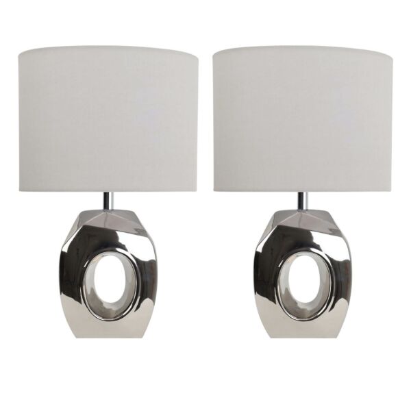 Set of 2 Sculptured - Metallic Ceramic 38cm Table Lamps with Grey Fabric Shades