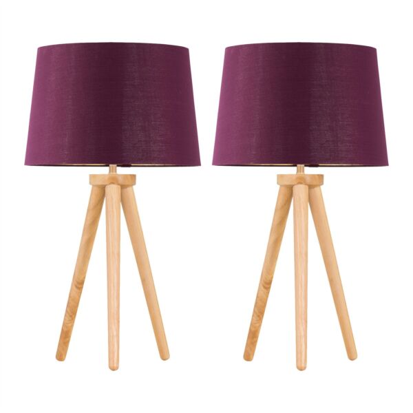 Set of 2 Light Oak Table Lamp or Bedside Lights with Burgundy Shades