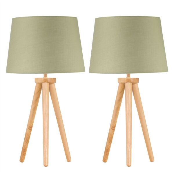 Set of 2 Light Oak Table Lamp or Bedside Lights with Sage Green Shades