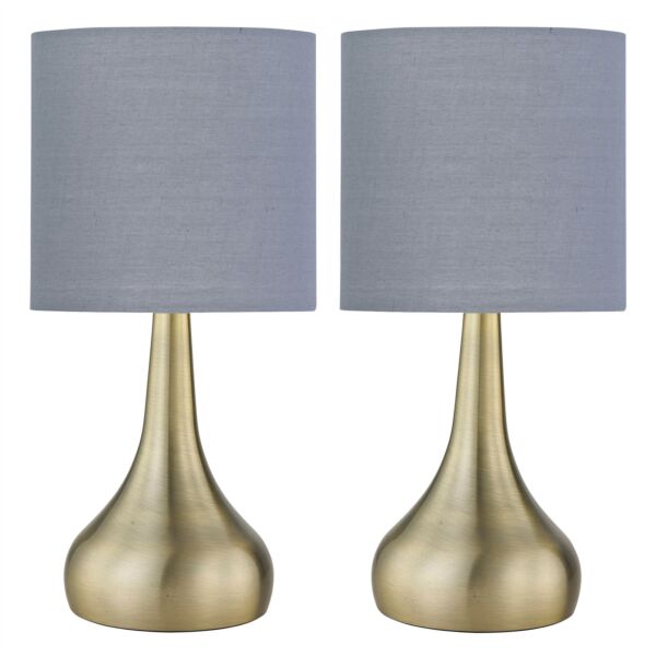 Set of 2 Romana - Antique Brass Touch Table Lamps Grey Cotton Shade