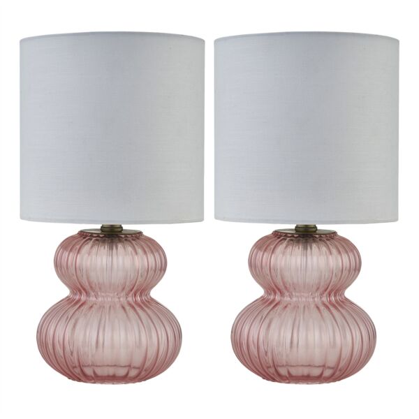Walter - Set of 2 Pink Ribbed Glass 29cm Table Lamps with White Shade
