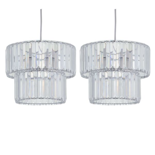 Set of 2 Clint - Clear Acrylic Crystal Two Tier Easy Fit Pendant Shades