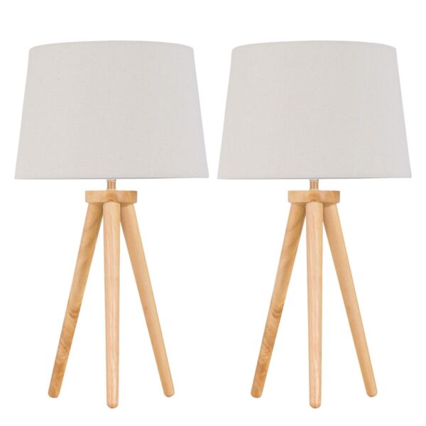 Set of 2 Light Oak Table Lamp Bedside Lights with Natural Linen Shades