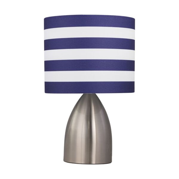 Valentina - Brushed Chrome Touch Lamp with White & Blue Striped Shade