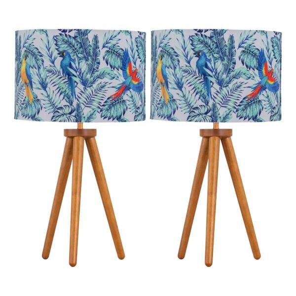 Set of 2 Dark Oak Table Lamp or Bedside Lights with Parrot Shades