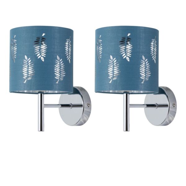 Set of 2 Brea - Chrome Wall Lights with Teal Fern Shades