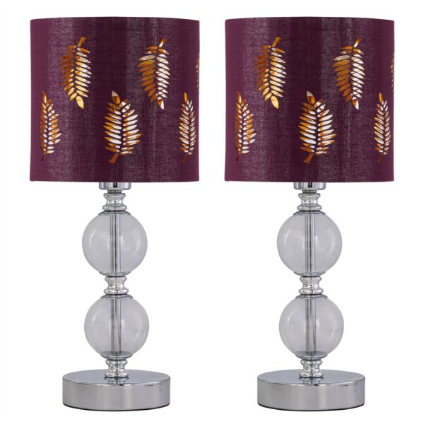Set of 2 Chrome Two Ball Table Lamps with Burgundy Fern Shades