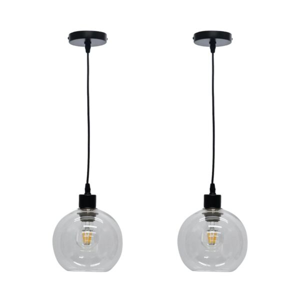 Set of 2 Barnum - Clear Glass Globe with Black Pendant Fittings
