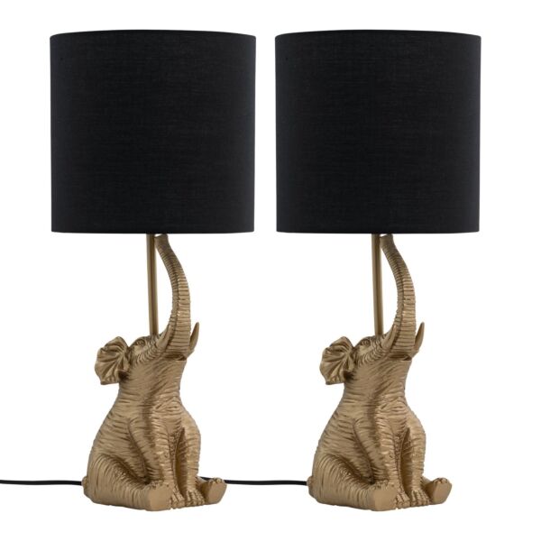 Set of 2 Elephant - Gold Resin Table Lamps With Black Fabric Shades