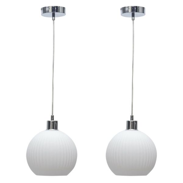 Set of 2 Betchley - White Ribbed Glass Globe with Chrome Pendant Fittings