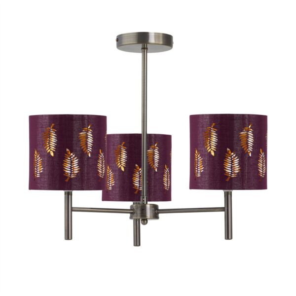 Brea - Antique Brass 3 Light Fitting with Burgundy Fern Shades