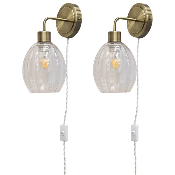 Set of 2 Toby - Antique Brass Plug in Wall Lights Fluted Shades
