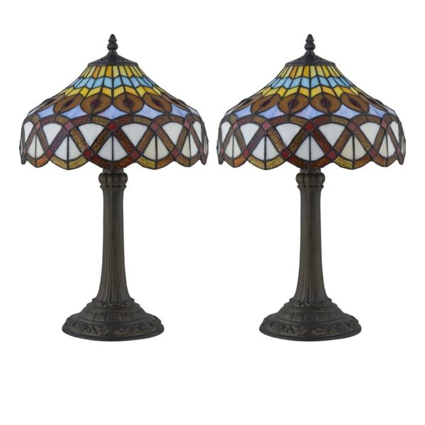Set of 2 Leonard - Tiffany Coloured Glass 36cm Table Lamps