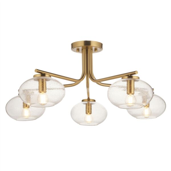 Endon Lighting - Jacob - 118508 - Warm Brass Clear Bubbled Glass 5 Light Flush Ceiling Light