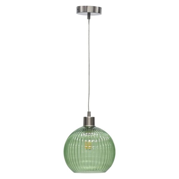 Betchley - Green Ribbed Glass Globe with Satin Nickel Pendant Fitting