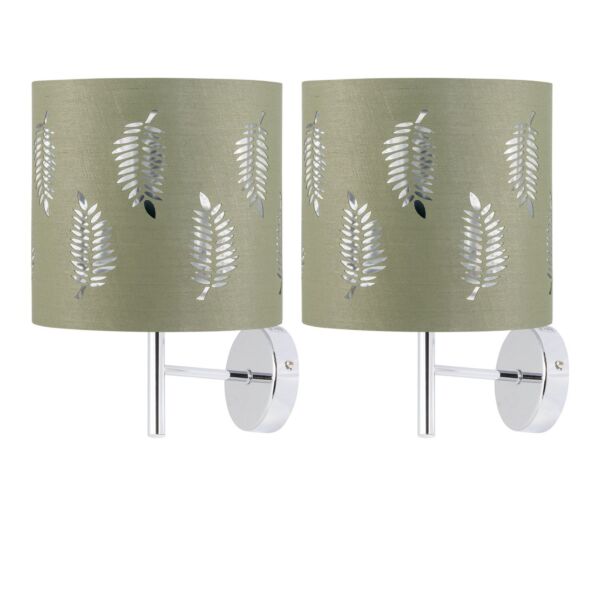 Set of 2 Brea - Chrome Wall Lights with Sage Green Fern Shades